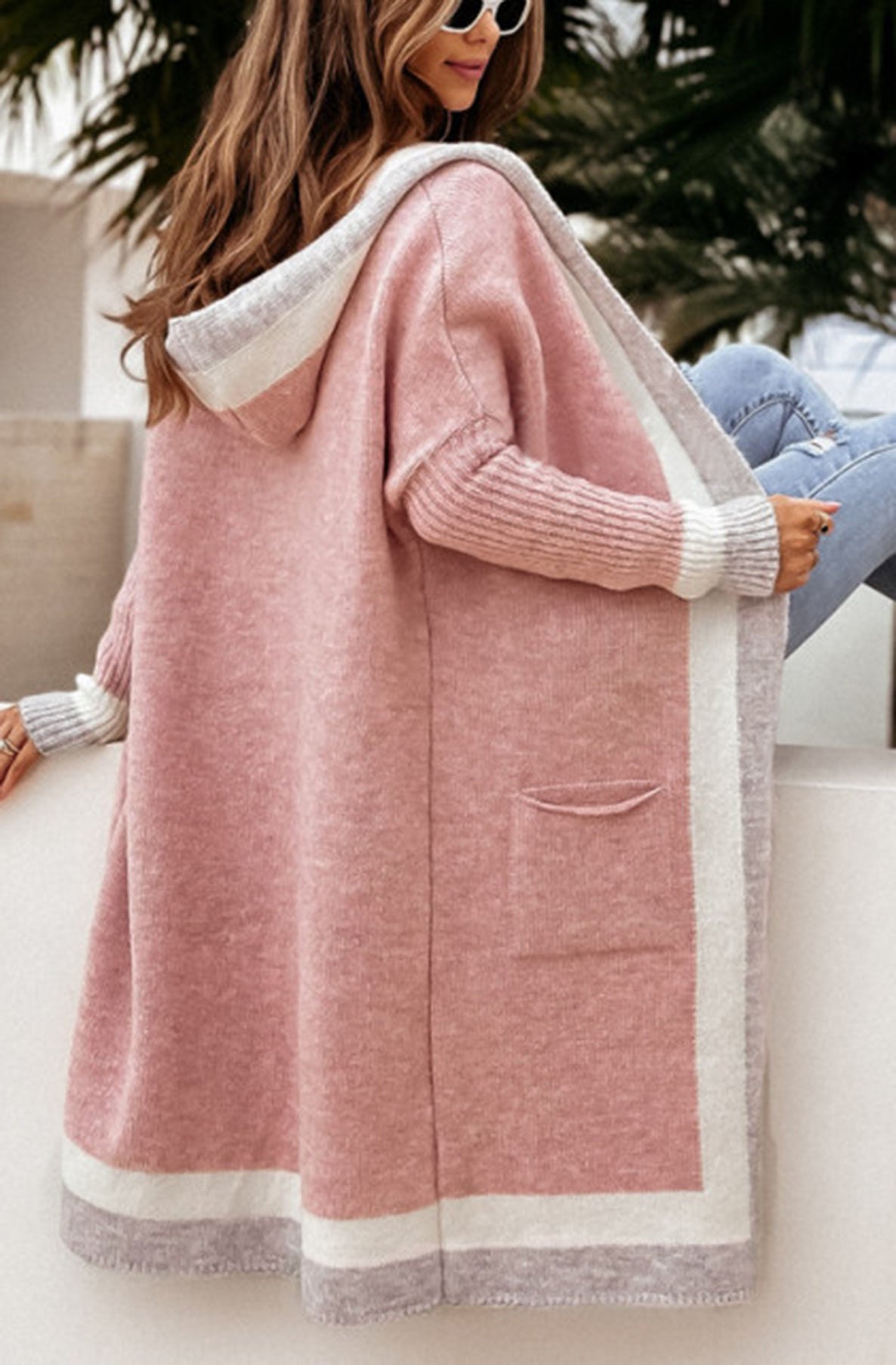 Collarless hooded color block longline cardigan on sale