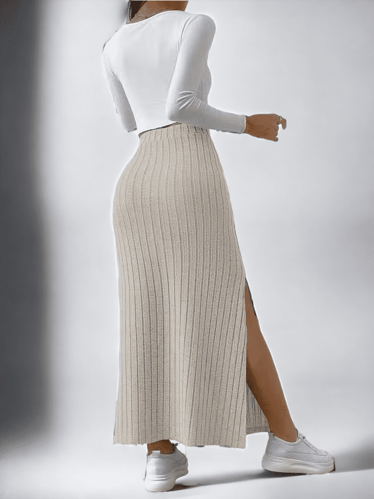 Ladies Knit Solid High Waist Side Split Long Skirt