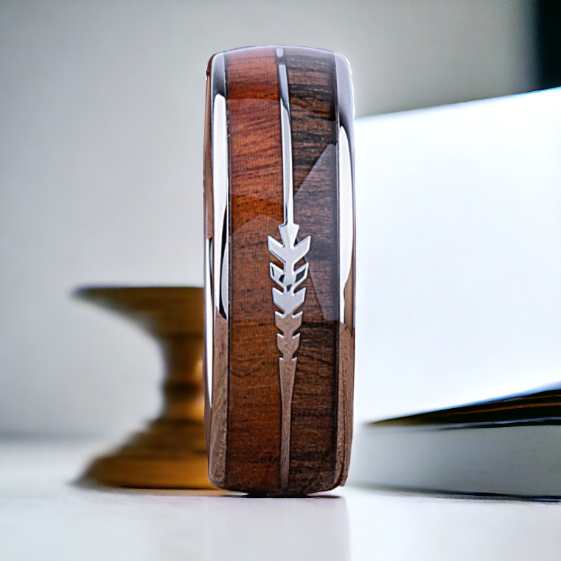 Detail close up of Red Koa Wood Inlay Ring