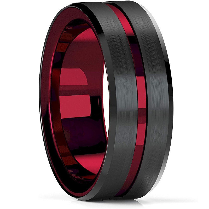 Brushed Stainless Steel Red Grooved Bevelled Edge Ring, With a red internal band, Polished stainless steel ring.