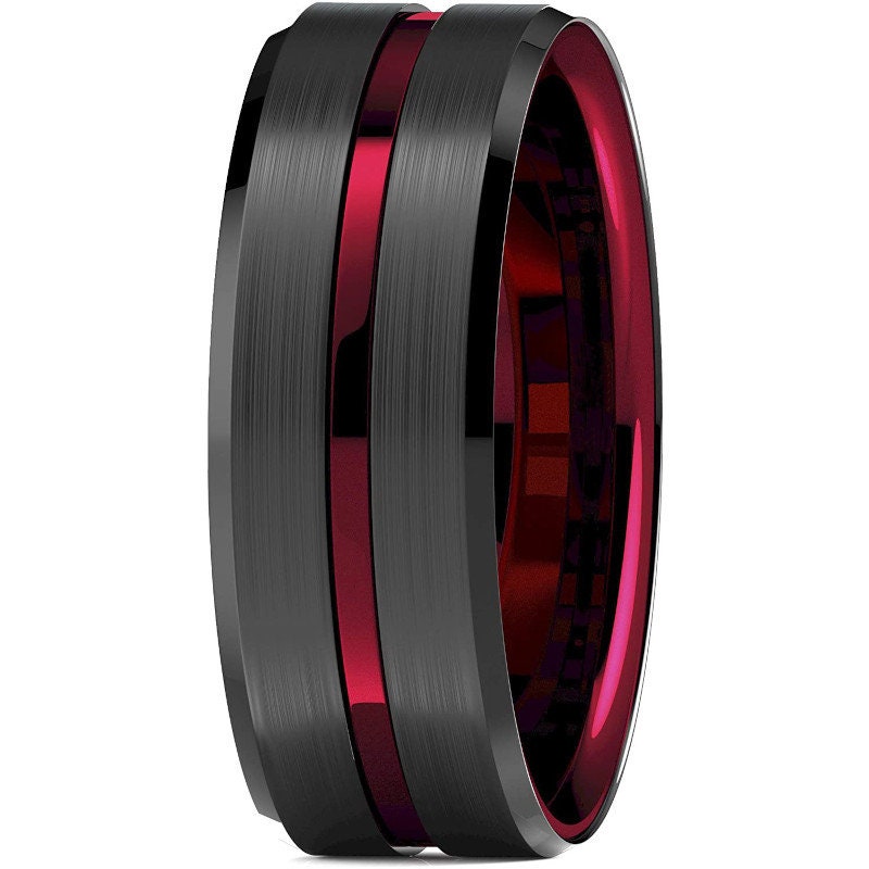 Brushed Stainless Steel Red Grooved Bevelled Edge Ring, With a red internal band, Polished stainless steel ring.
