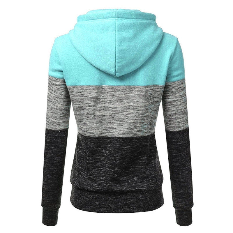 Tri coloured hoodie with draw string hood. Blue, Grey, Black hoodie. Women&#39;s hoodie. Back view.