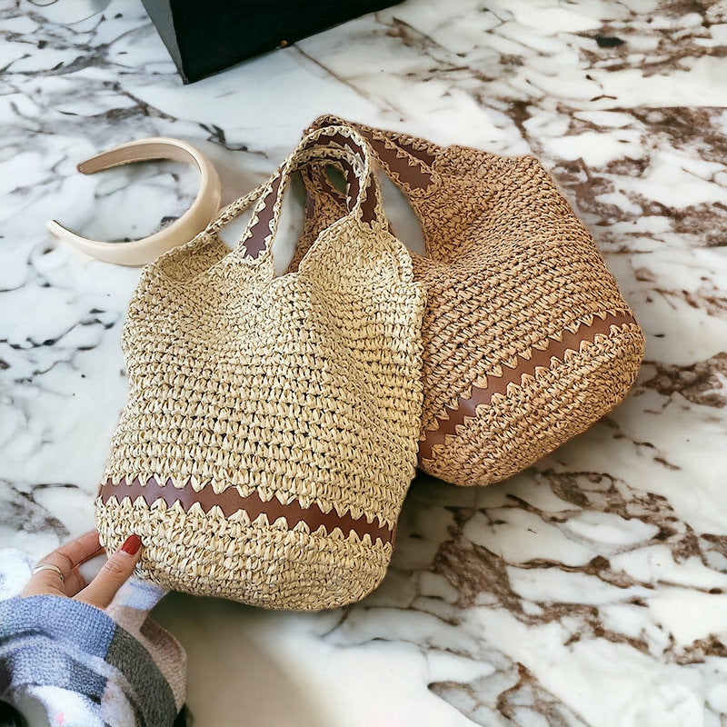 Handwoven straw carry bag with strap detailing. Boho shoulder bag, Personal beach bag. Summer bag. Handmade hand bag. Handmade straw bag. Straw bag with brown leather detailing.