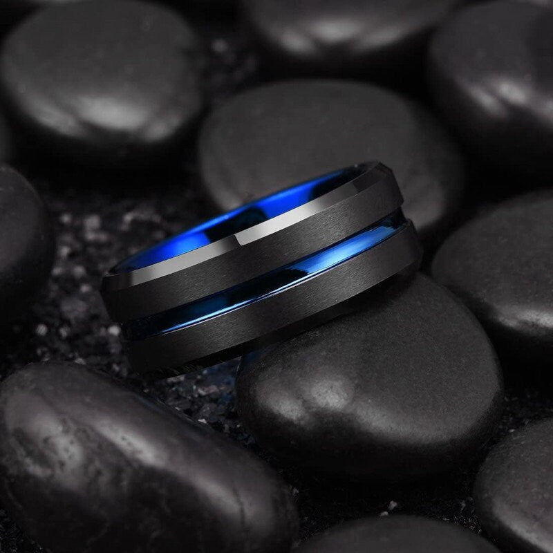 Brushed Stainless Steel Blue Grooved Bevelled Edge Ring, With a blue internal band, Polished stainless steel ring.