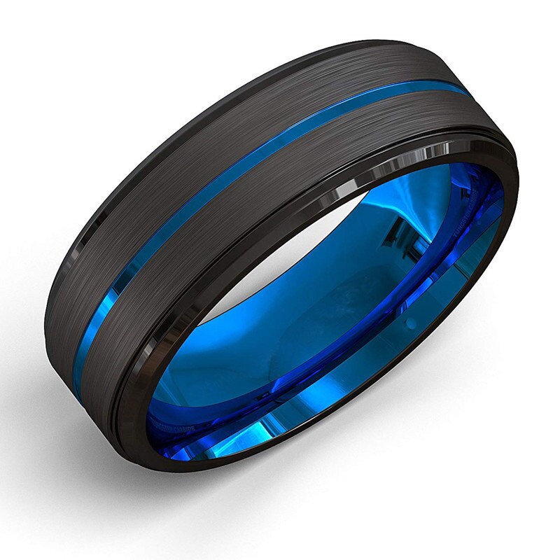 Brushed Stainless Steel Blue Grooved Bevelled Edge Ring, With a blue internal band, Polished stainless steel ring. Bevelled Edge Ring.