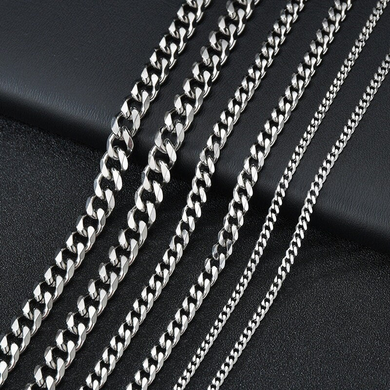 Silver Solid Stainless Steel 3,5,7mm Cuban Link Chains, Lobster claw fastening necklace, Silver Cuban chain necklace.