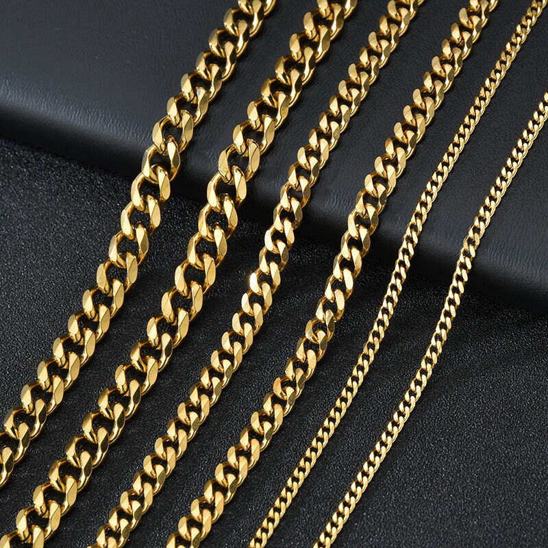 Gold Solid Stainless Steel 3,5,7mm Cuban Link Chains, Lobster claw fastening necklace, Gold Cuban chain necklace.