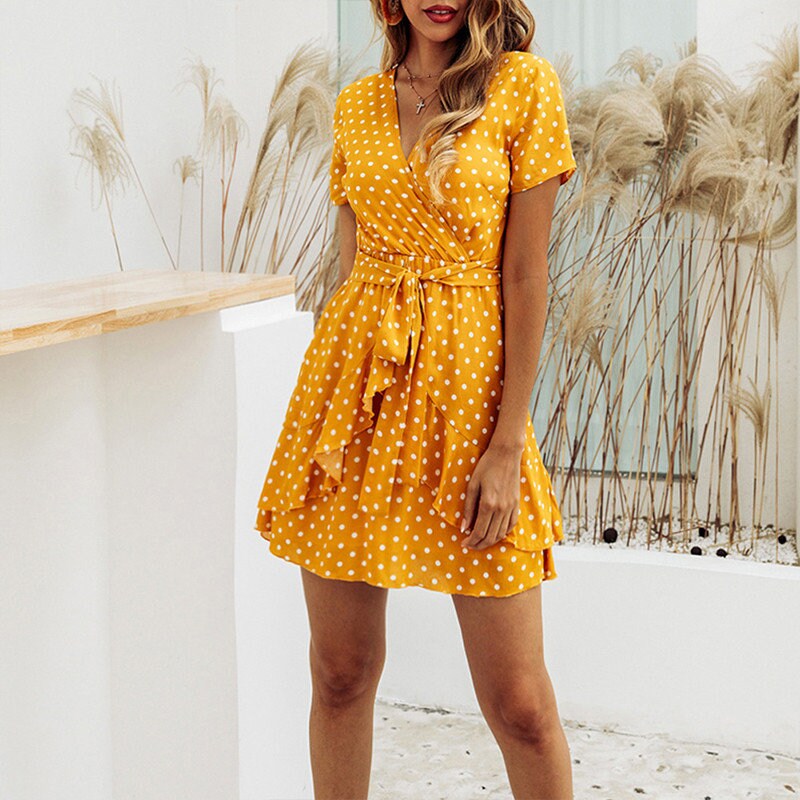 Casual Ruffled Boho summer dress in Yellow, Red or Black, elegant polka dot mini dress, Summer dress, dress. Yellow summer dress.