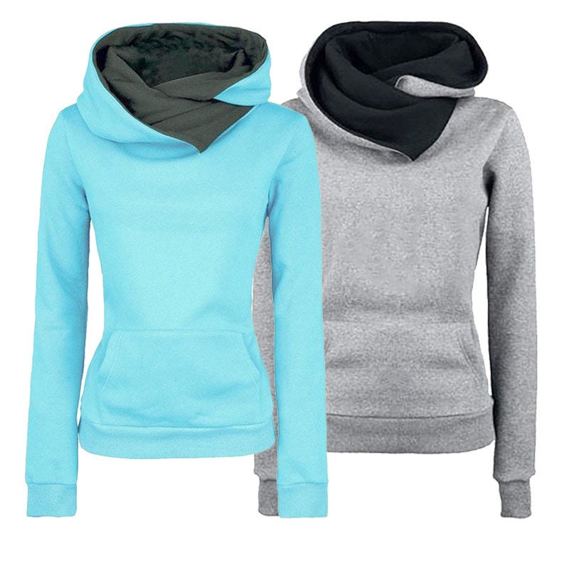 Women&#39;s Baby blue and grey hoodie, Front pockets and black lining interior, Slim fit hoodie, jumper, women&#39;s jumper, women&#39;s hoodie. picture of 2 hoodies.