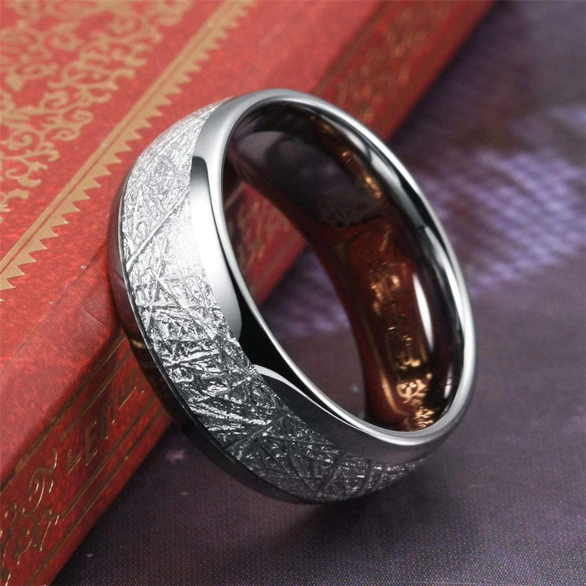 Silver Frosted meteorite Dome Ring, Polished stainless steel silver ring frosted meteorite inlay.