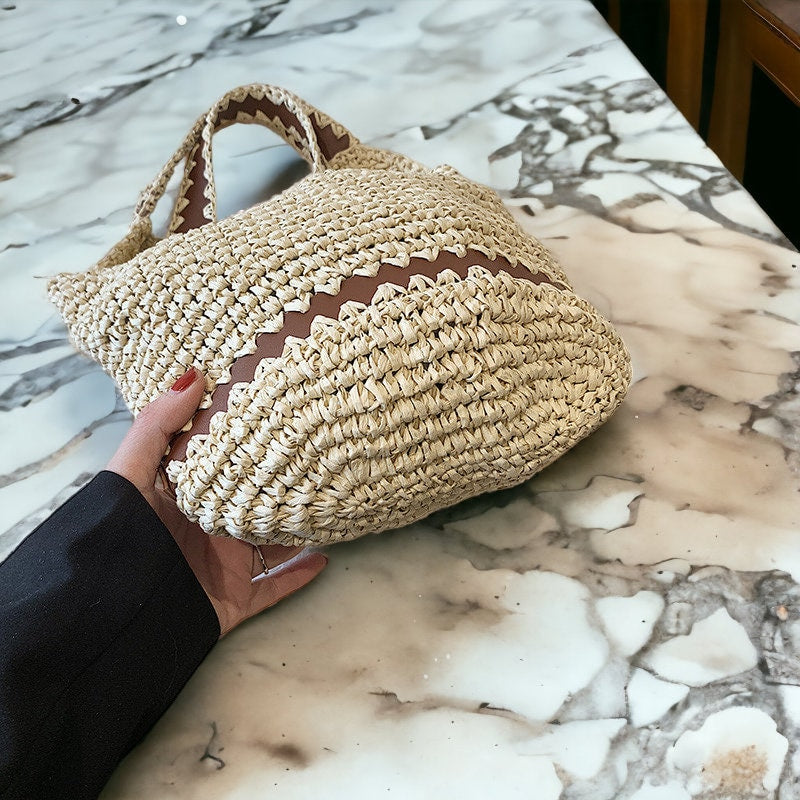 Handwoven straw carry bag with strap detailing. Boho shoulder bag, Personal beach bag. Summer bag. Handmade hand bag. Handmade straw bag. Straw bag with brown leather detailing.